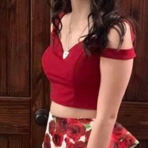 Red and white flowered 2 piece prom dress